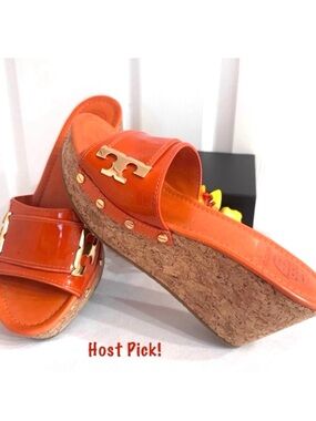 TORY BURCH ~ Orange Cork Wedge Slip On Sandals w/Gold TB Hardware size 9